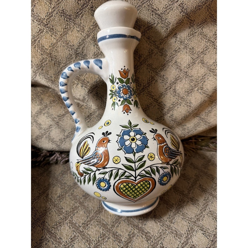 Vintage Decanter West Germany Ulmer Keramik w/Stopper Hand Painted Folk Art 8.5"
